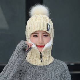 Coral Fleece Women Knitted Hats Add Fur Warm Winter Hats for Women with Zipper Scarf Keep Face Warmer Balaclava Pompoms Cap (Color: Beige)