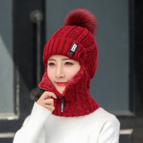 Coral Fleece Women Knitted Hats Add Fur Warm Winter Hats for Women with Zipper Scarf Keep Face Warmer Balaclava Pompoms Cap (Color: Wine Red)