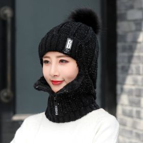 Coral Fleece Women Knitted Hats Add Fur Warm Winter Hats for Women with Zipper Scarf Keep Face Warmer Balaclava Pompoms Cap (Color: Black)