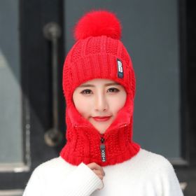 Coral Fleece Women Knitted Hats Add Fur Warm Winter Hats for Women with Zipper Scarf Keep Face Warmer Balaclava Pompoms Cap (Color: Red)